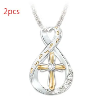 Cross footprint diamond pendant two-tone alloy geometric design on chain