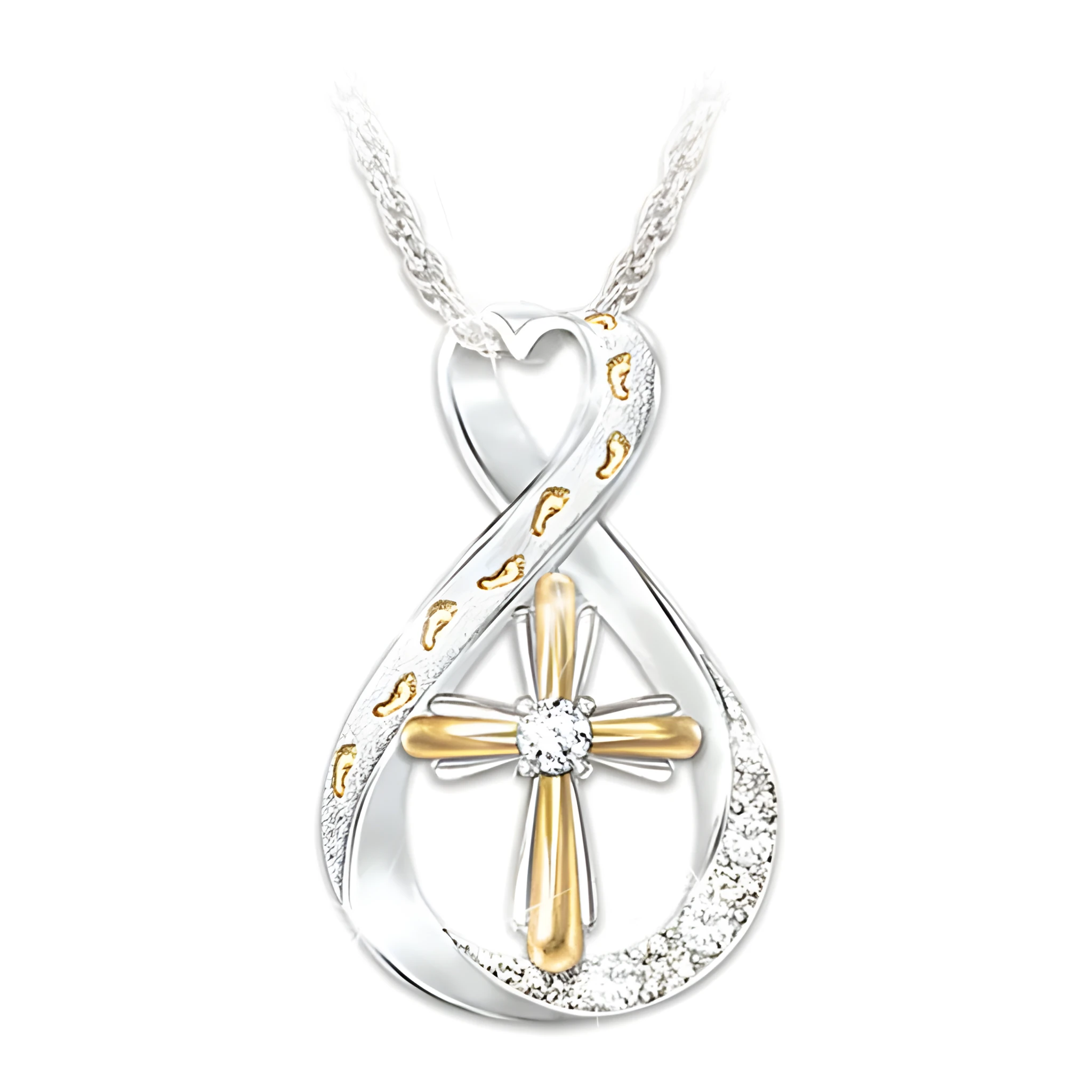 Cross footprint diamond pendant two-tone alloy geometric design on chain