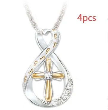 Cross footprint diamond pendant two-tone alloy geometric design on chain