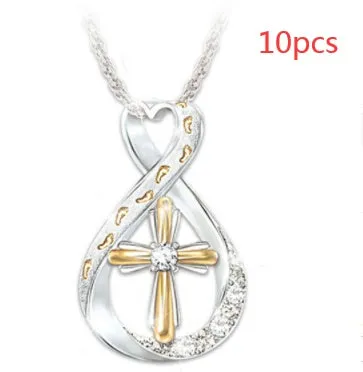 Cross footprint diamond pendant two-tone alloy geometric design on chain