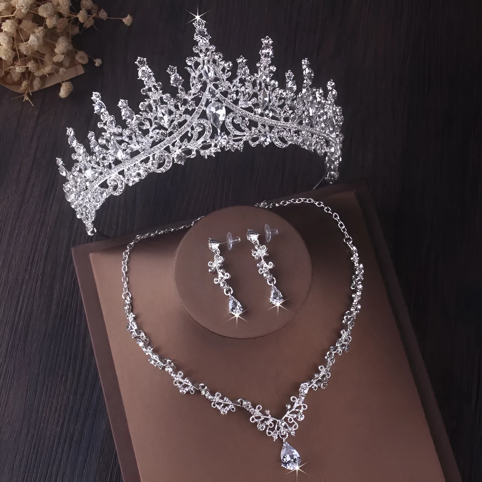 Silver crystal drop bridal set with natural zircon and silver-tone crown and jewellery pieces