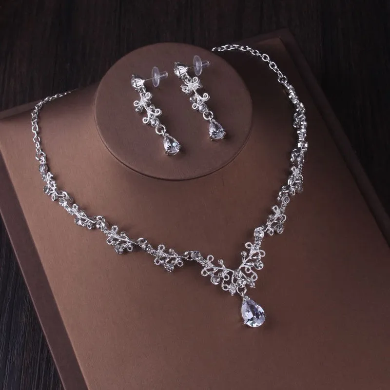Silver crystal drop bridal set with natural zircon and silver-tone crown and jewellery pieces