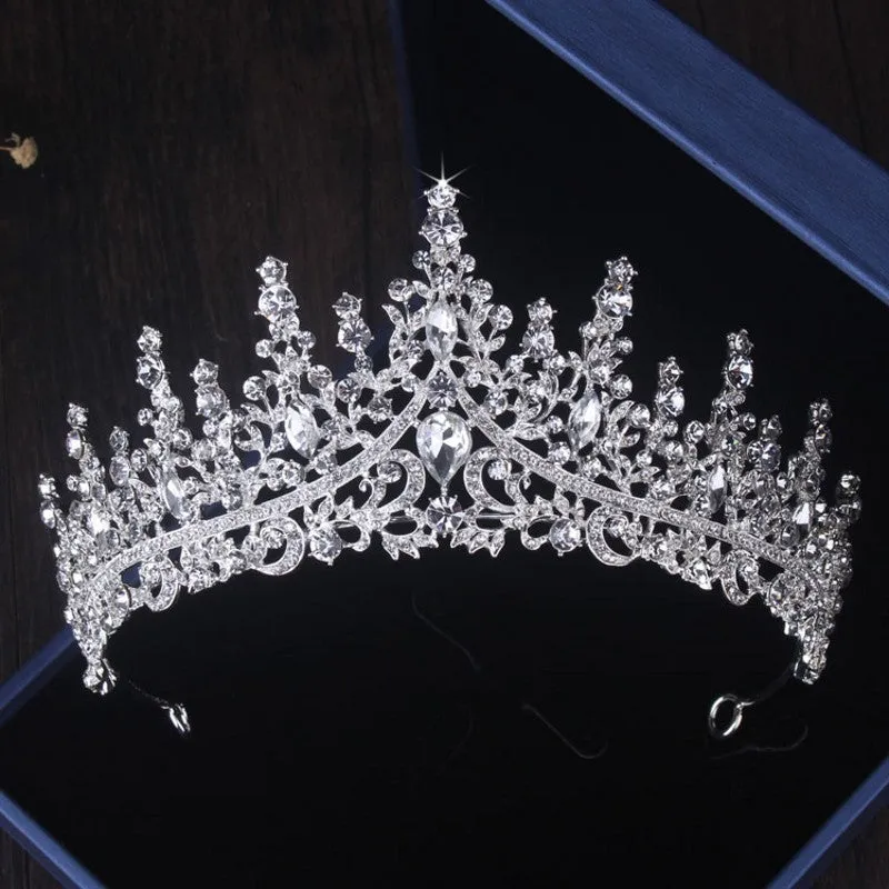 Silver crystal drop bridal set with natural zircon and silver-tone crown and jewellery pieces