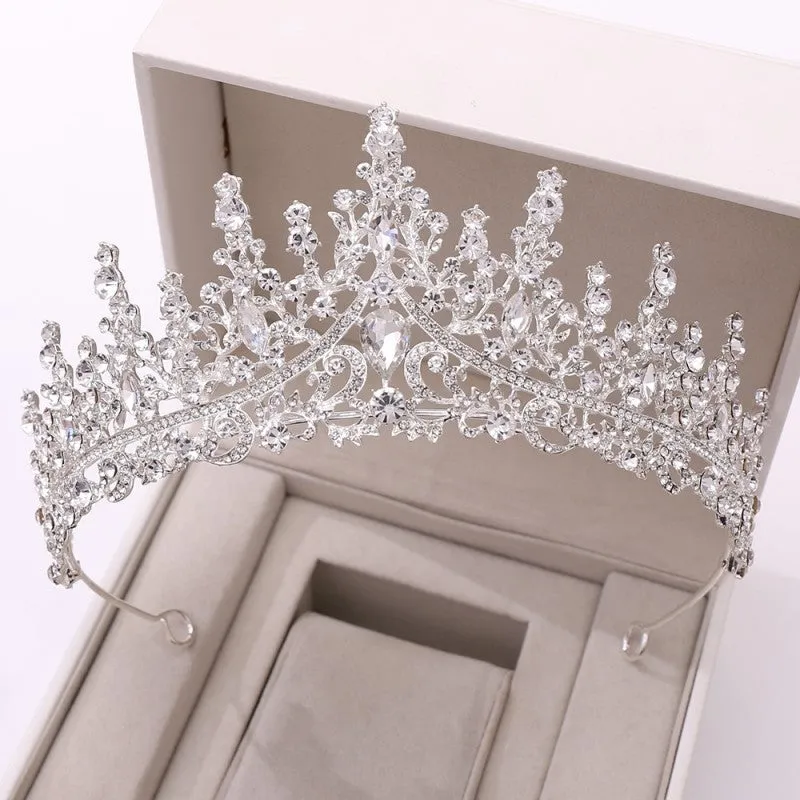 Silver crystal drop bridal set with natural zircon and silver-tone crown and jewellery pieces