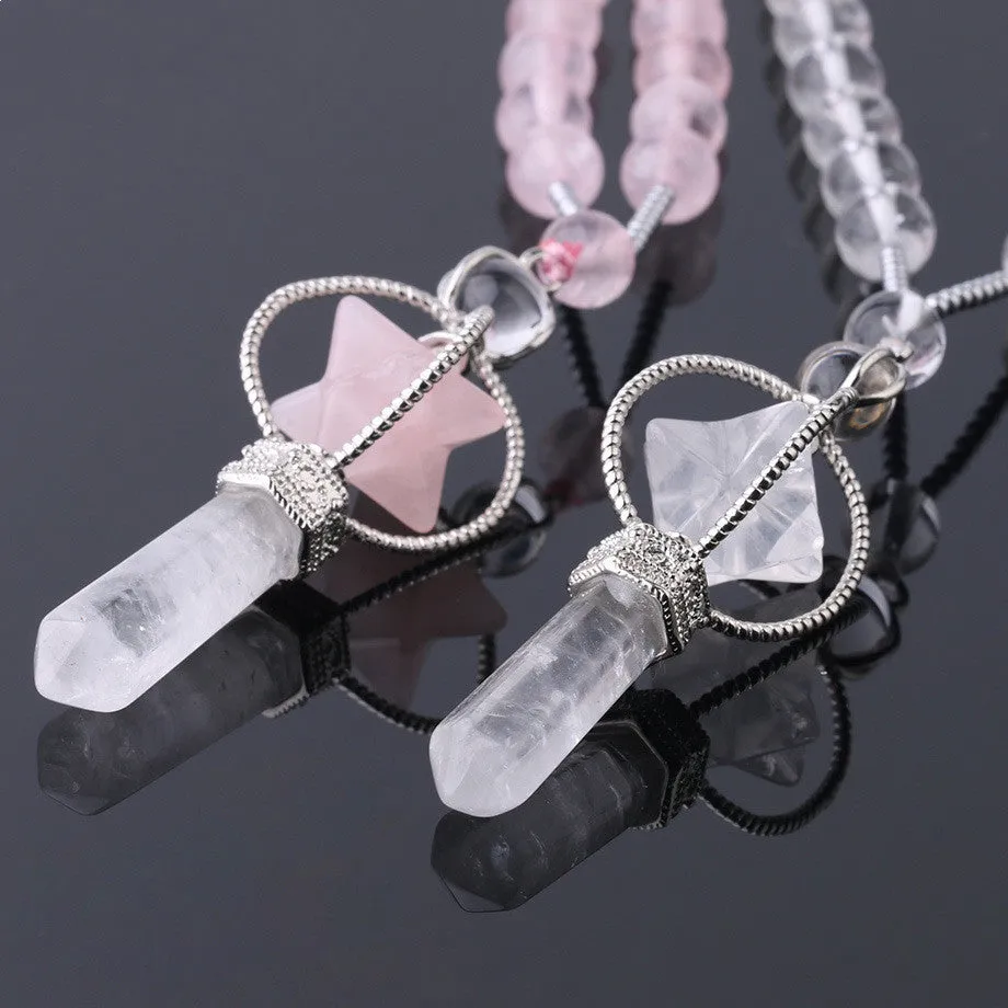 Natural white crystal column pendant necklace with copper fittings and adjustable rope chain on neutral background