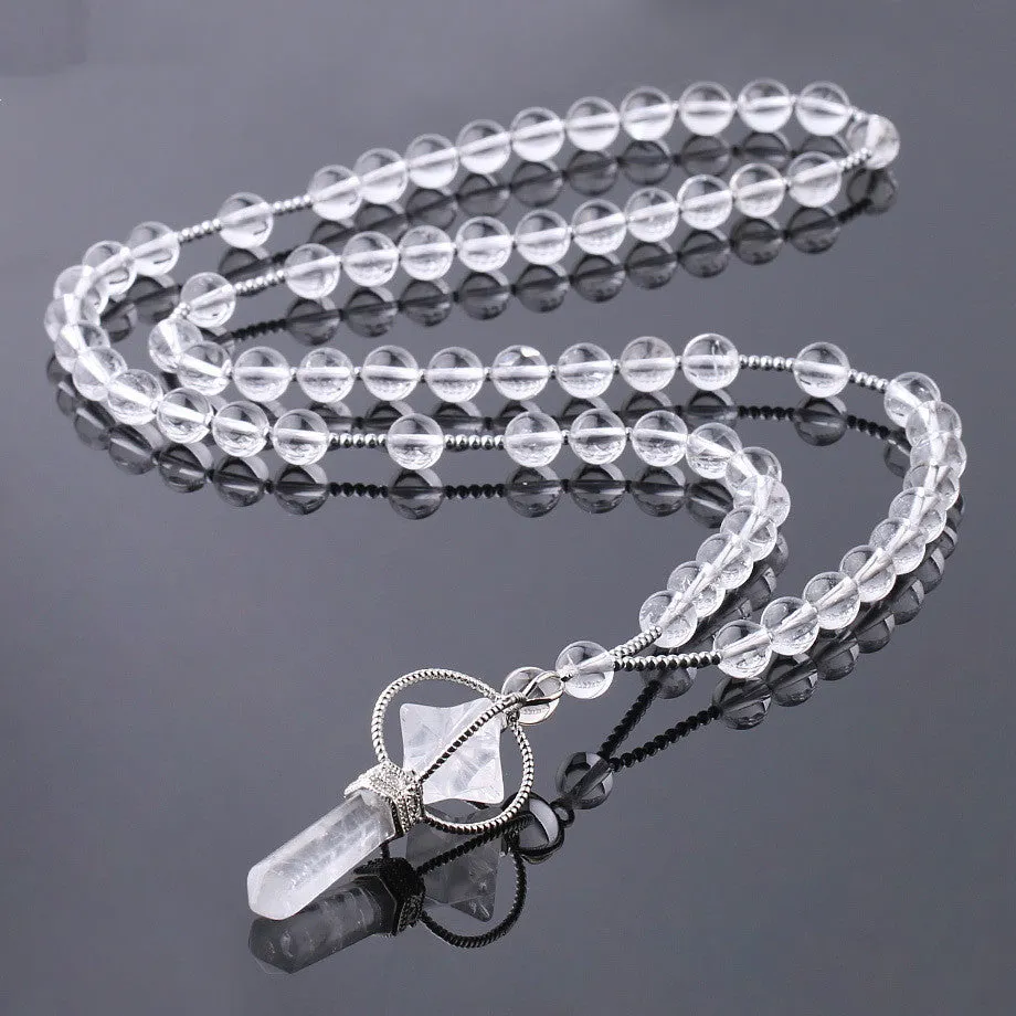Natural white crystal column pendant necklace with copper fittings and adjustable rope chain on neutral background