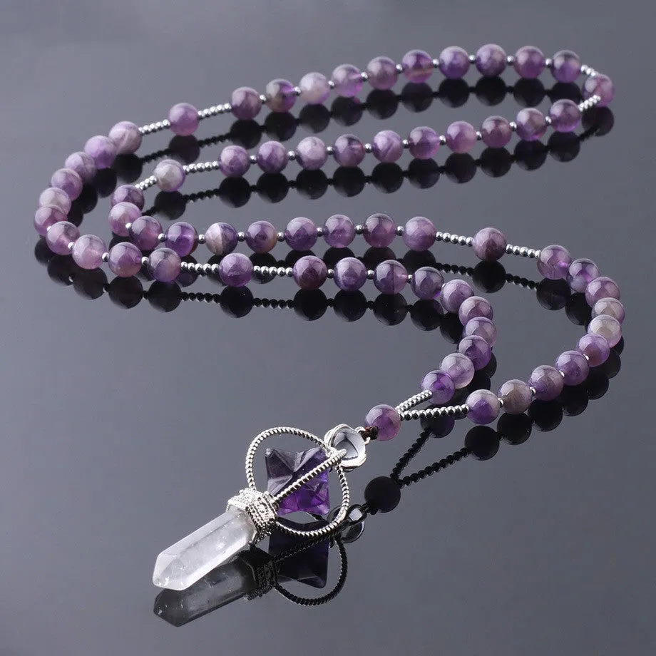 Natural white crystal column pendant necklace with copper fittings and adjustable rope chain on neutral background