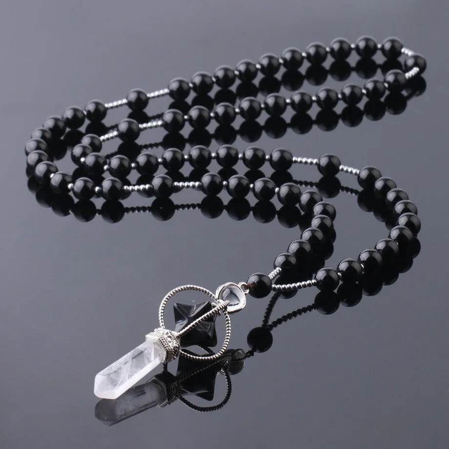 Natural white crystal column pendant necklace with copper fittings and adjustable rope chain on neutral background