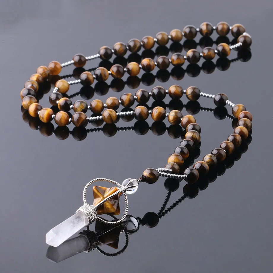 Natural white crystal column pendant necklace with copper fittings and adjustable rope chain on neutral background