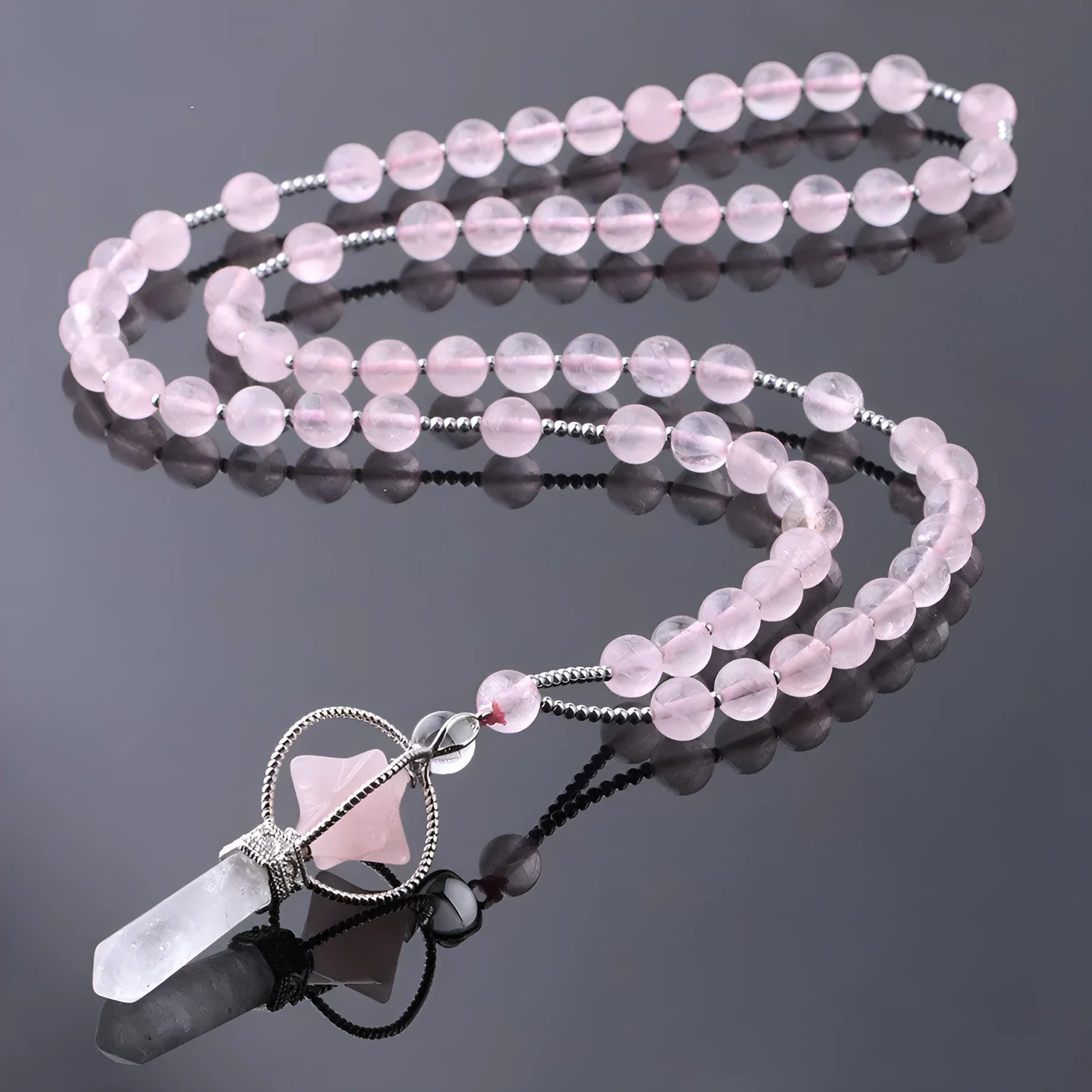 Natural white crystal column pendant necklace with copper fittings and adjustable rope chain on neutral background