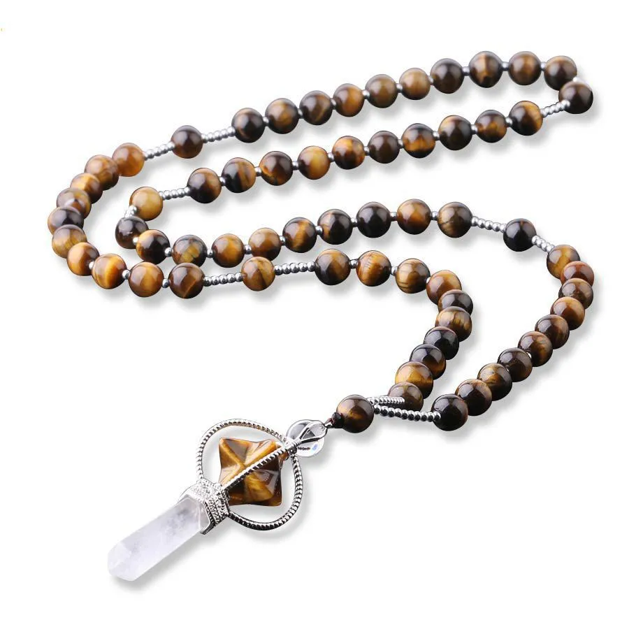 Natural white crystal column pendant necklace with copper fittings and adjustable rope chain on neutral background