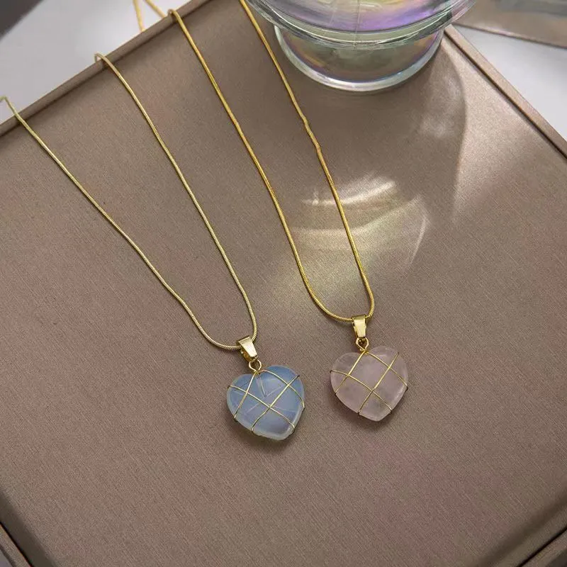 Heart-shaped moonstone pendant necklace on copper chain with electroplated real gold finish