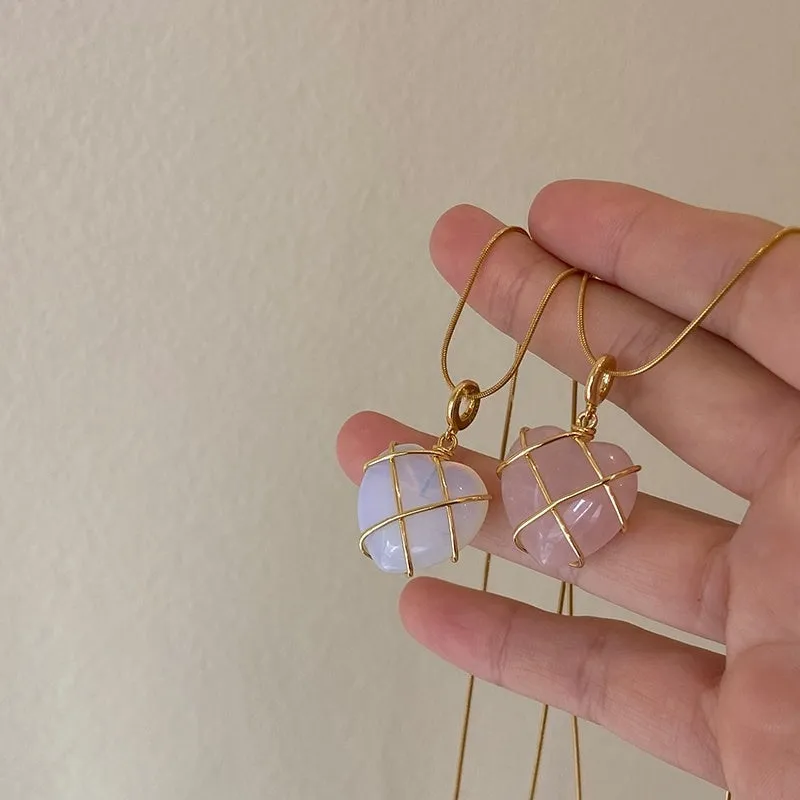 Heart-shaped moonstone pendant necklace on copper chain with electroplated real gold finish
