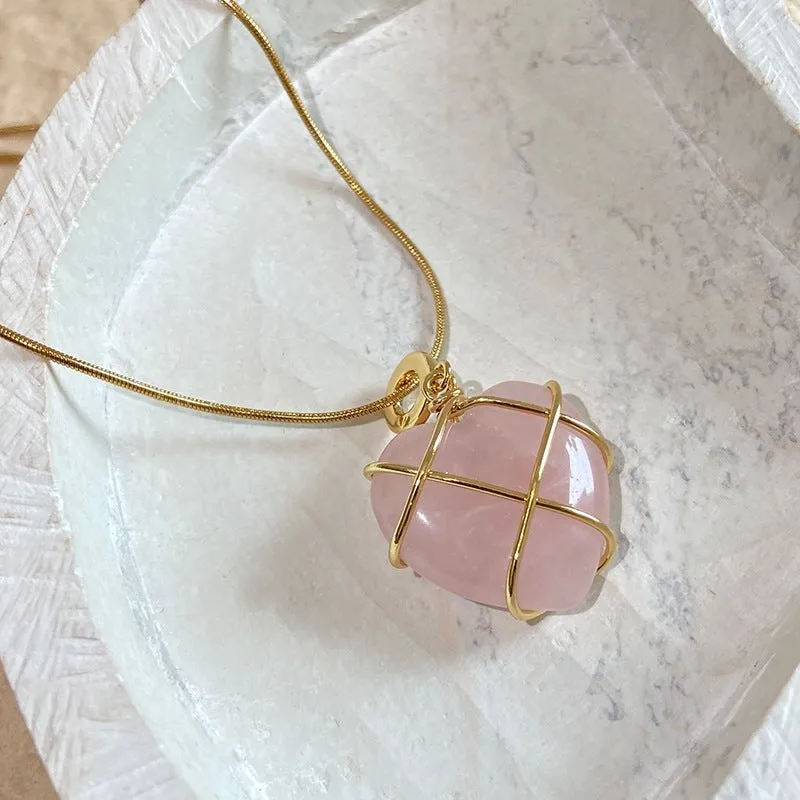 Heart-shaped moonstone pendant necklace on copper chain with electroplated real gold finish