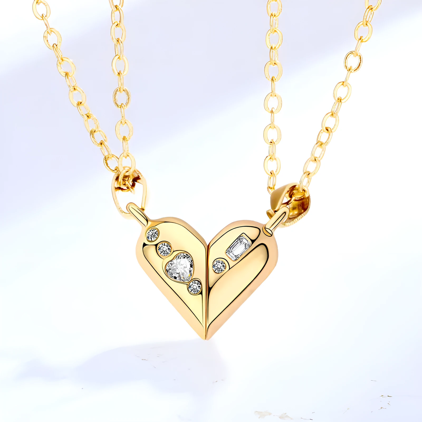 Love couple necklace pair with rotating magnet stone heart pendant in alloy and electroplating finish