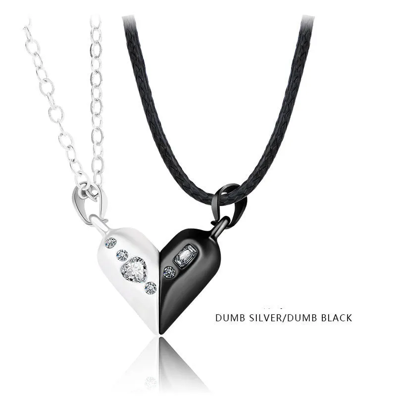 Love couple necklace pair with rotating magnet stone heart pendant in alloy and electroplating finish