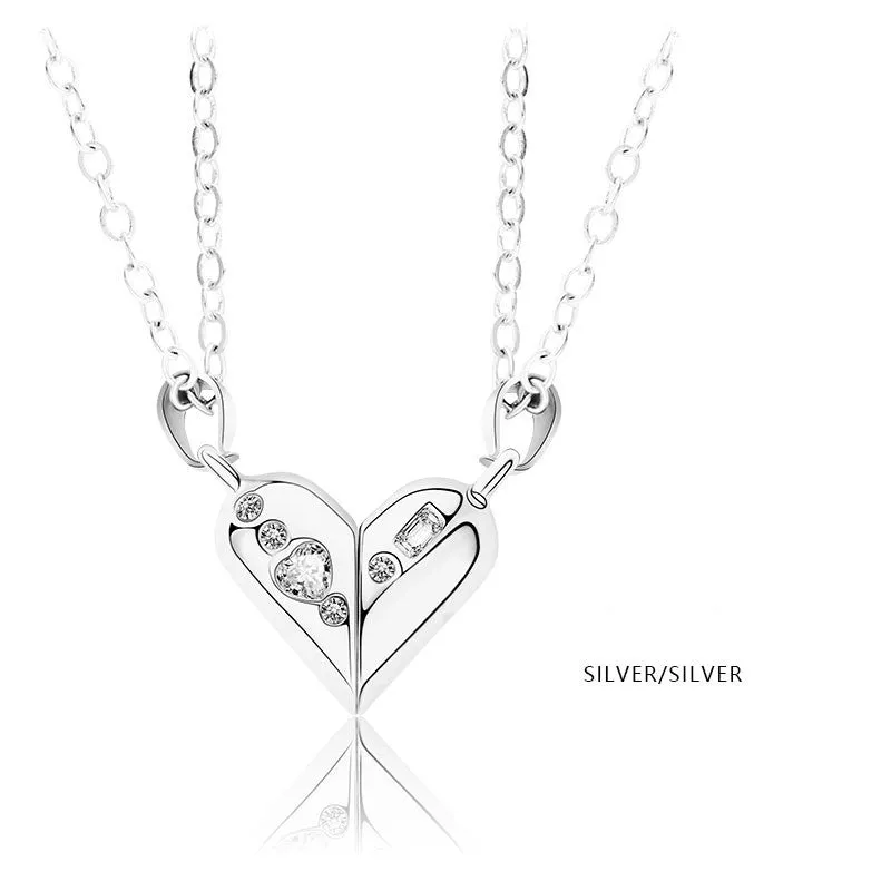 Love couple necklace pair with rotating magnet stone heart pendant in alloy and electroplating finish
