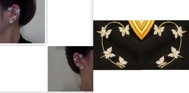 Butterfly bow tie ear clip and ear hook jewelry set in gold and silver alloy plating