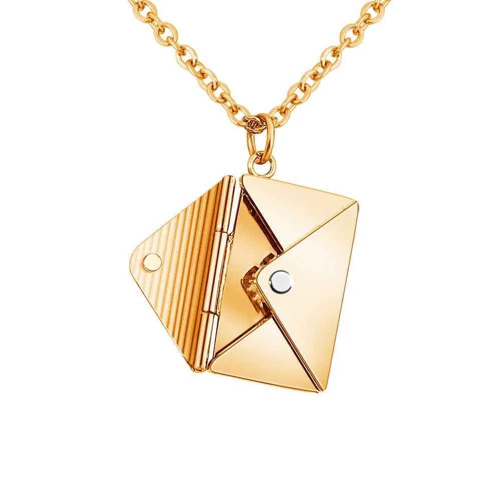 Titanium steel envelope pendant necklace with chain on a woman's neck, gold finish