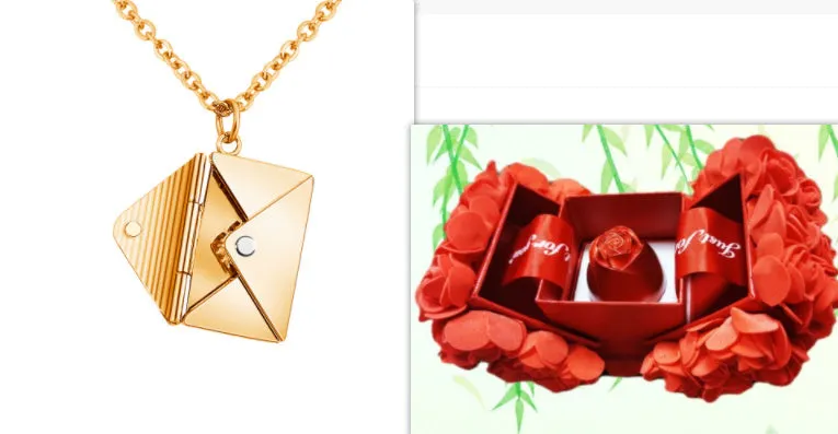 Titanium steel envelope pendant necklace with chain on a woman's neck, gold finish