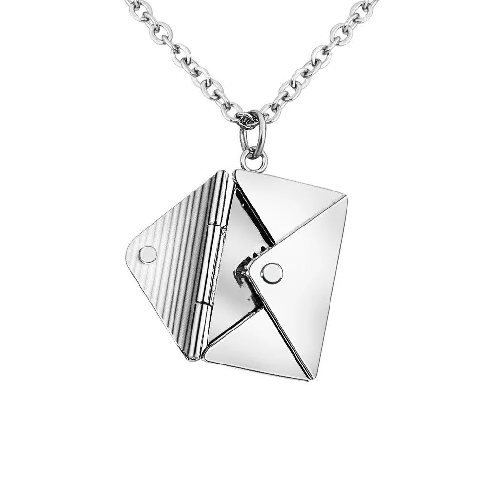 Titanium steel envelope pendant necklace with chain on a woman's neck, gold finish