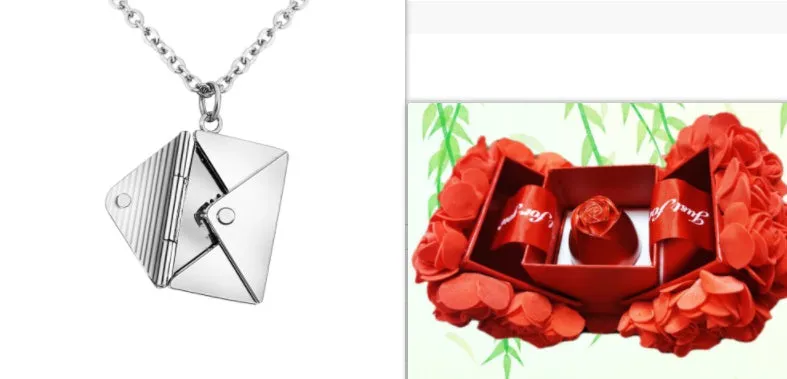 Titanium steel envelope pendant necklace with chain on a woman's neck, gold finish