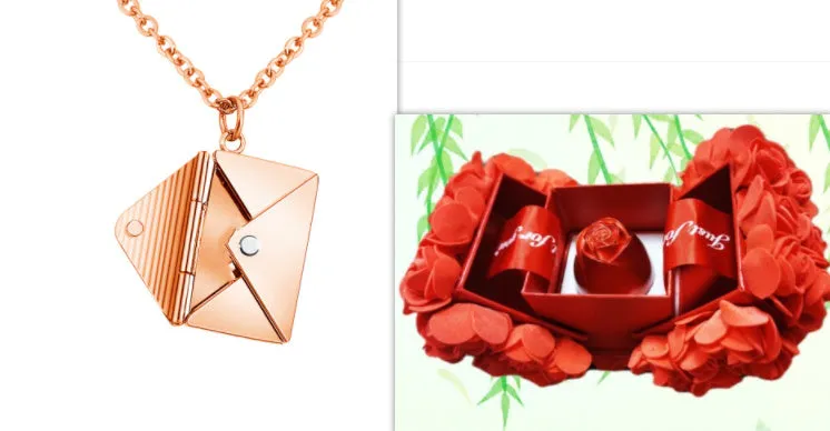 Titanium steel envelope pendant necklace with chain on a woman's neck, gold finish