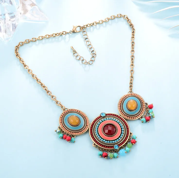 Red bohemian exaggerated diamond alloy necklace with man-made crystal meteorite pendant on bamboo-style chain for women