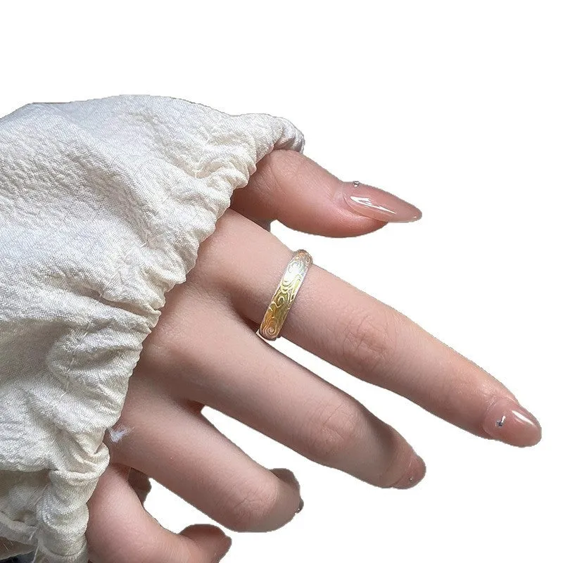 White copper adjustable open mouth ring with Xiangyun cloud patterns and geometric fairy style design
