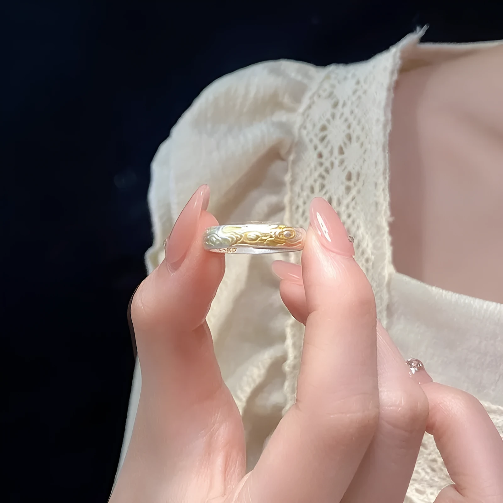 White copper adjustable open mouth ring with Xiangyun cloud patterns and geometric fairy style design