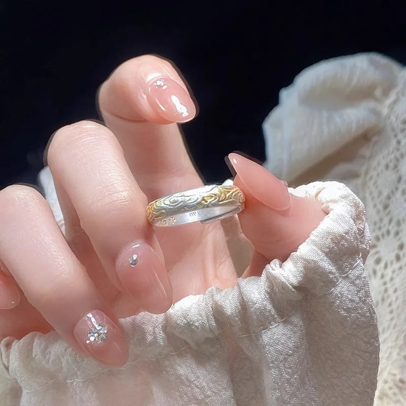 White copper adjustable open mouth ring with Xiangyun cloud patterns and geometric fairy style design