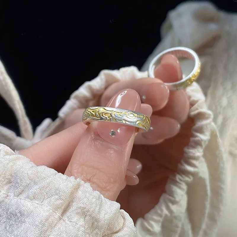 White copper adjustable open mouth ring with Xiangyun cloud patterns and geometric fairy style design