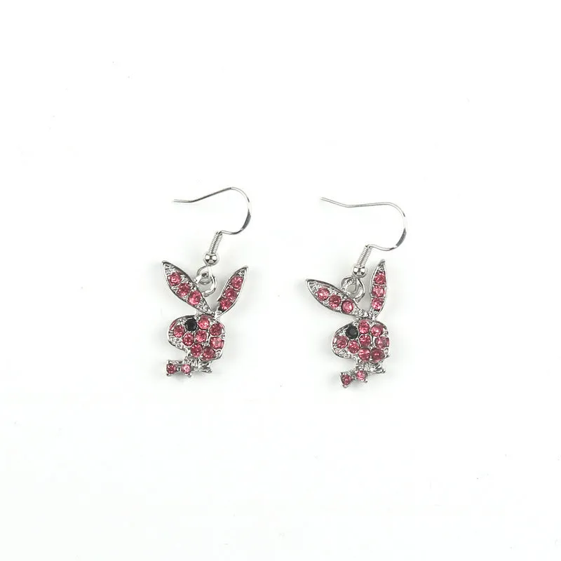 Cute full diamond rabbit stud earrings in silver, pink, or gold colour options.