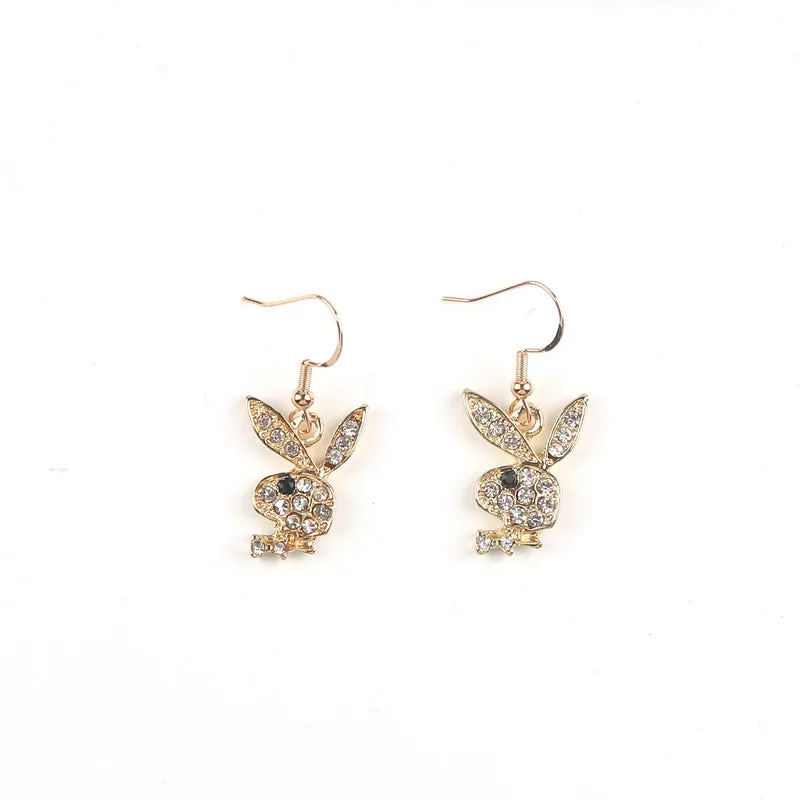 Cute full diamond rabbit stud earrings in silver, pink, or gold colour options.