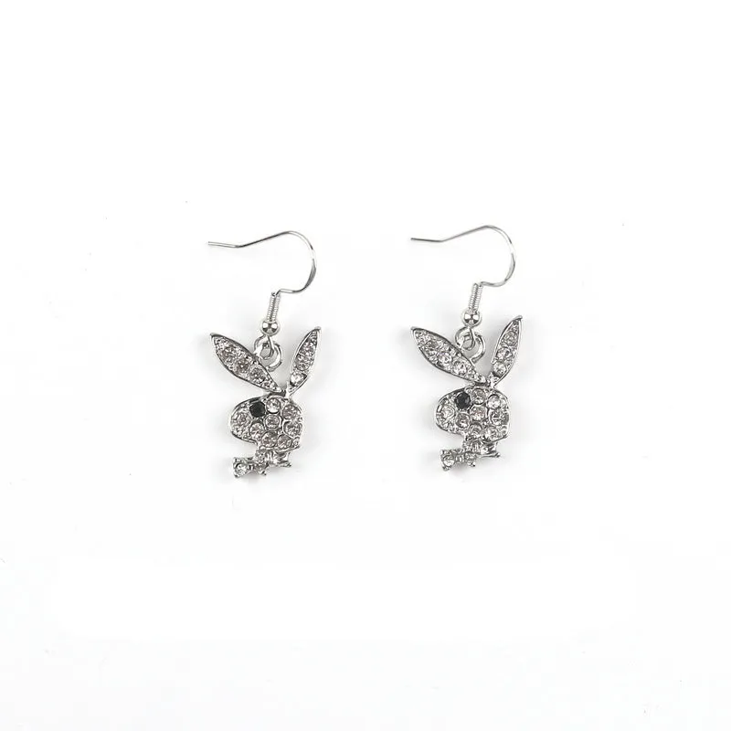 Cute full diamond rabbit stud earrings in silver, pink, or gold colour options.