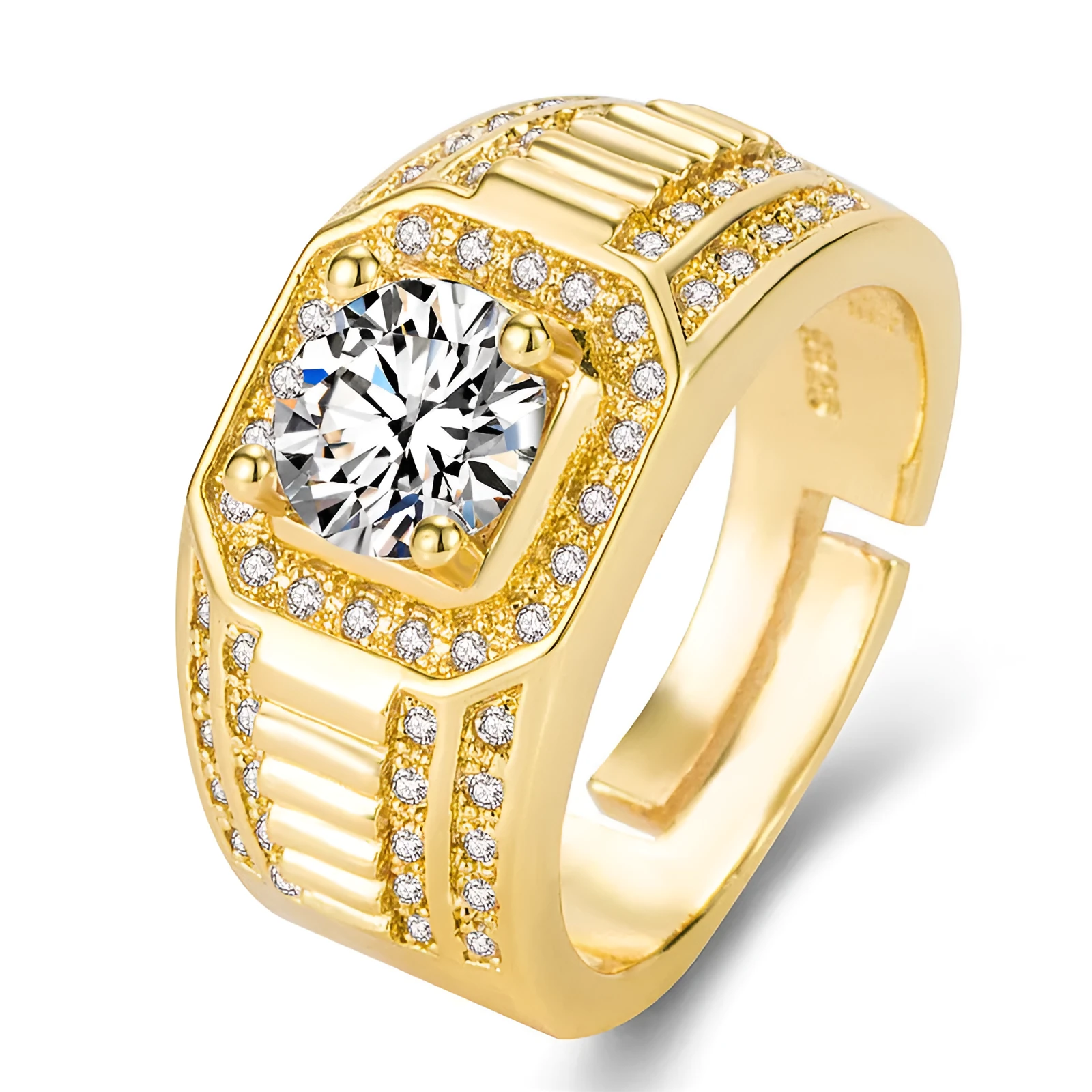 Large square diamond men's ring with adjustable opening in gold finish on hand