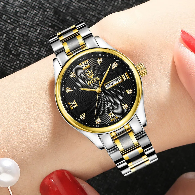 New matching couple watches set men and women quartz waterproof round dial metal strap rhinestone fashion