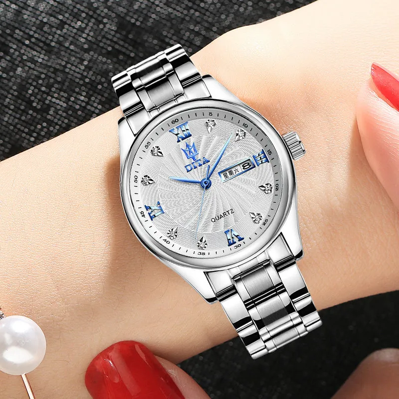 New matching couple watches set men and women quartz waterproof round dial metal strap rhinestone fashion