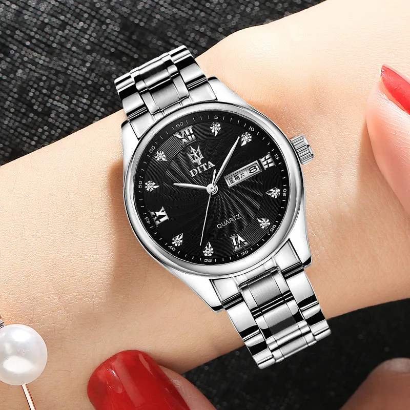 New matching couple watches set men and women quartz waterproof round dial metal strap rhinestone fashion
