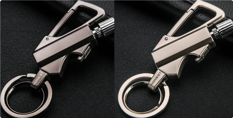 Metal keychain lighter with flint striker and bottle opener in black nickel finish
