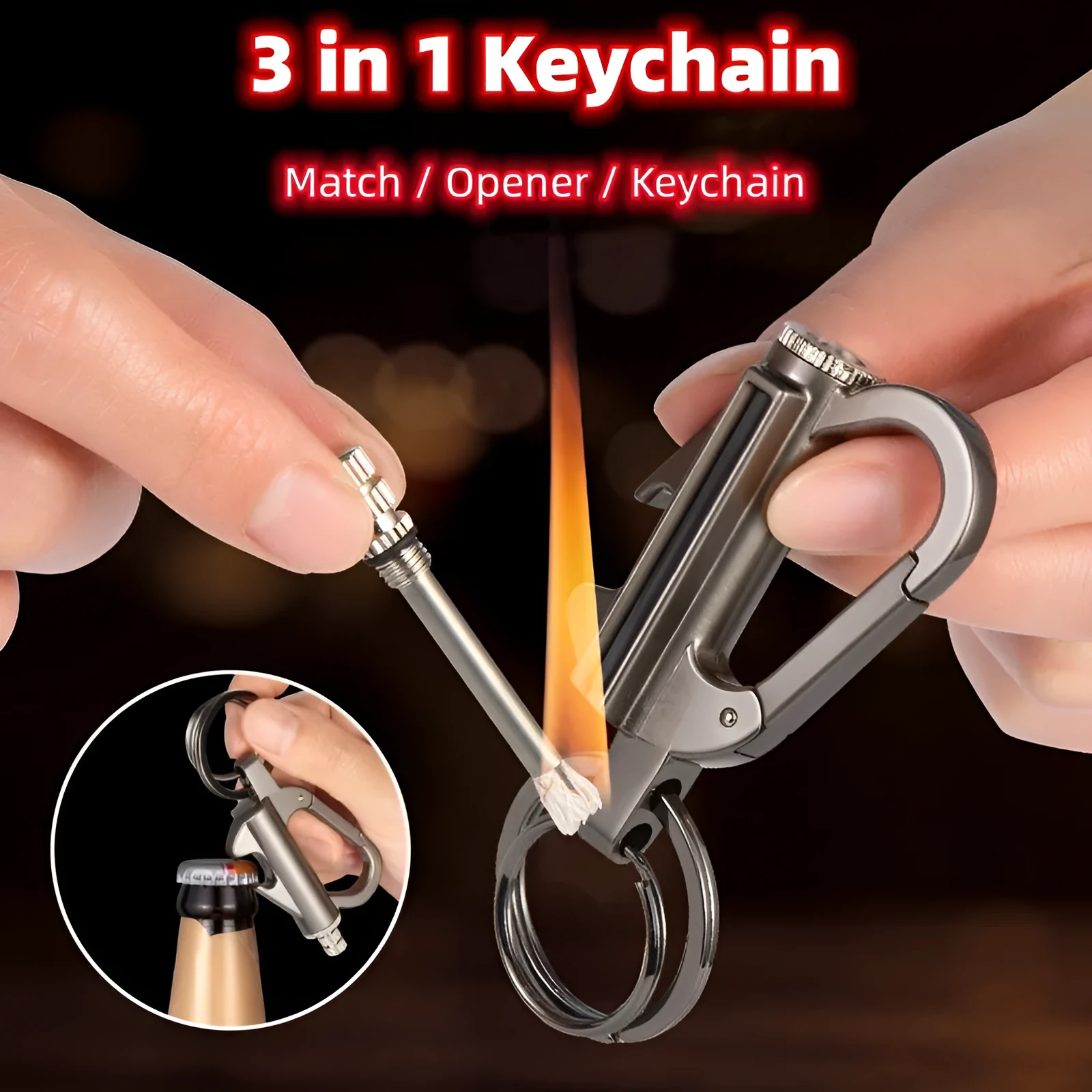 Metal keychain lighter with flint striker and bottle opener in black nickel finish