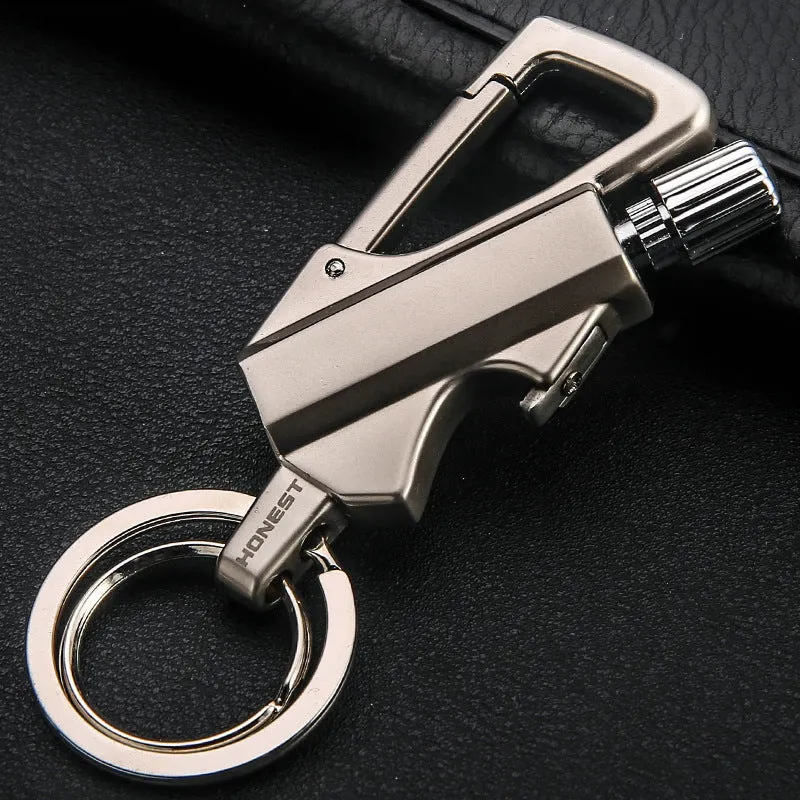 Metal keychain lighter with flint striker and bottle opener in black nickel finish