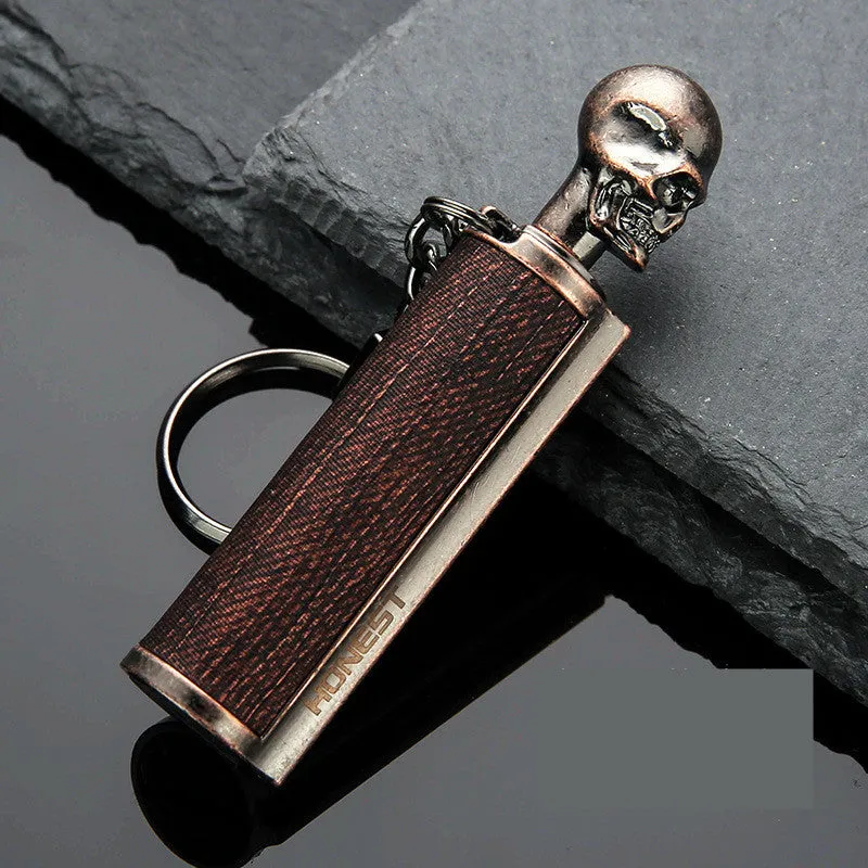 Metal keychain lighter with flint striker and bottle opener in black nickel finish