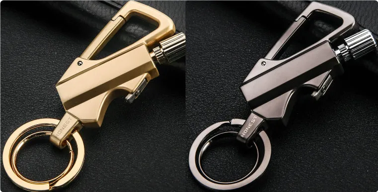 Metal keychain lighter with flint striker and bottle opener in black nickel finish