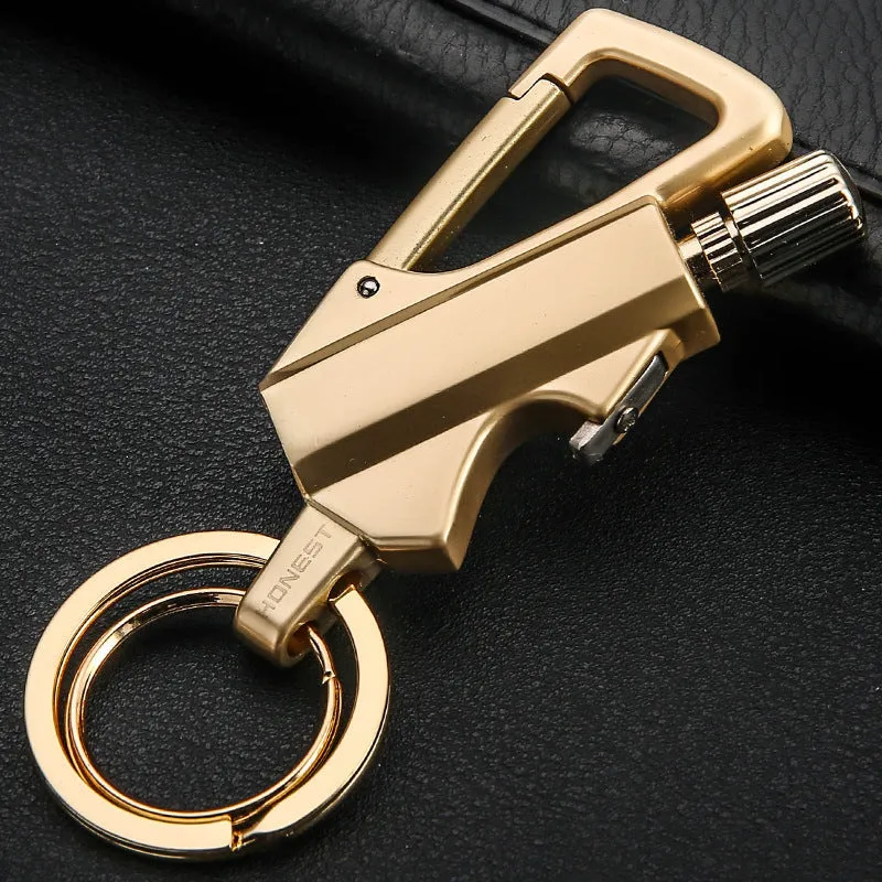 Metal keychain lighter with flint striker and bottle opener in black nickel finish