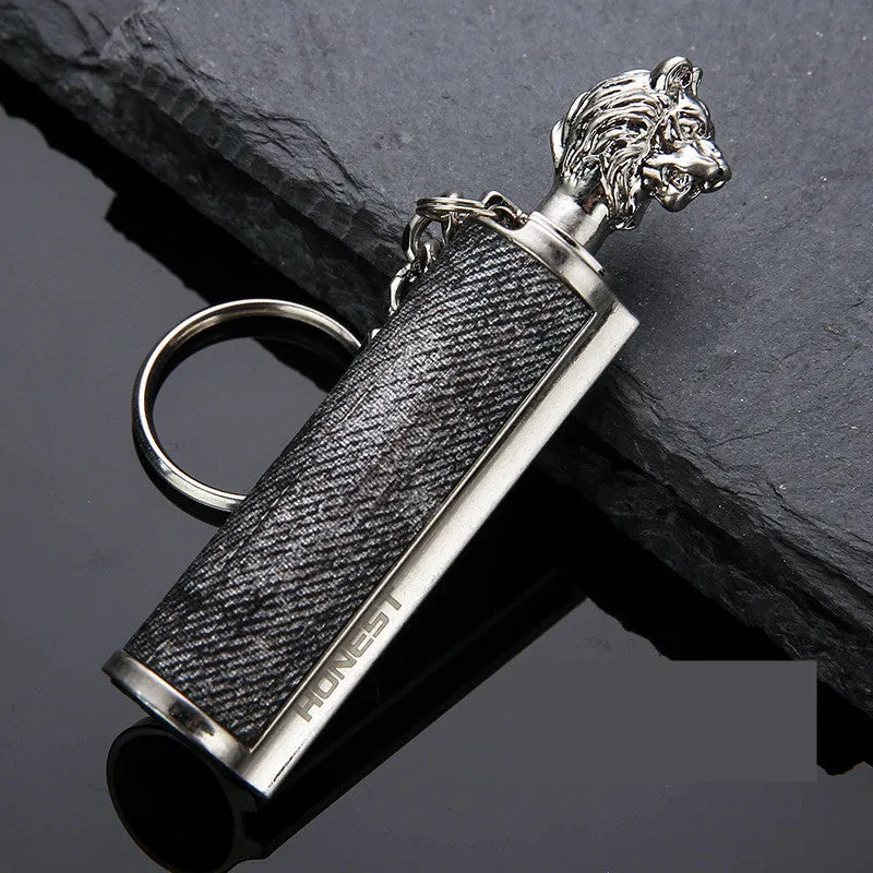 Metal keychain lighter with flint striker and bottle opener in black nickel finish