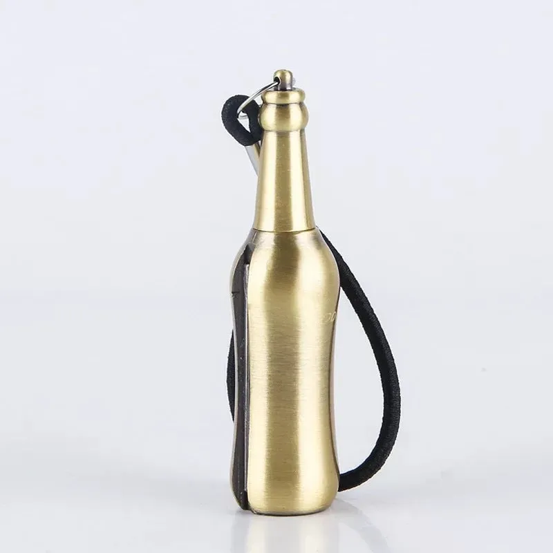 Metal keychain lighter with flint striker and bottle opener in black nickel finish