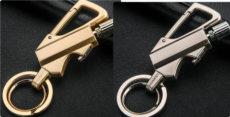 Metal keychain lighter with flint striker and bottle opener in black nickel finish