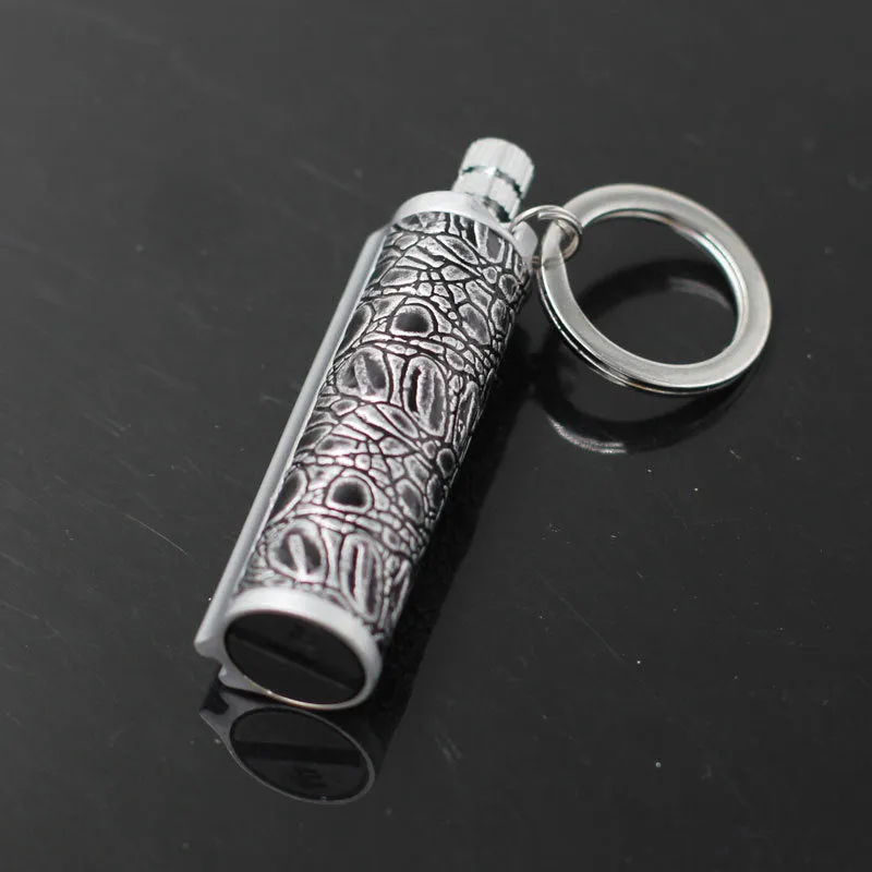 Metal keychain lighter with flint striker and bottle opener in black nickel finish