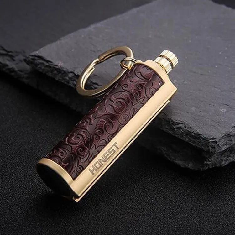 Metal keychain lighter with flint striker and bottle opener in black nickel finish